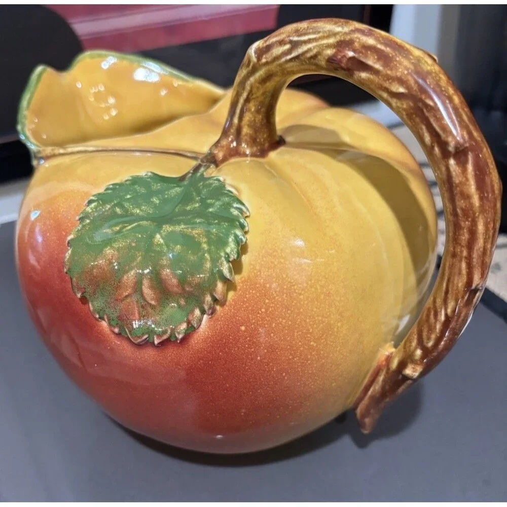 Vintage Peach Pitcher, Colorful Ceramic Fruit Pitcher Clean Shiny Glaze 7” Tall